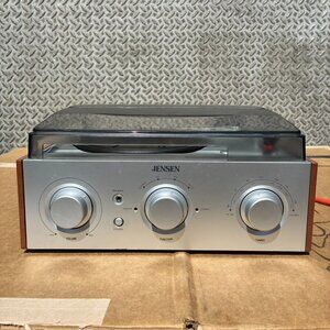 Jensen Vinyl Record Turntable & AMFM Radio | Built-In Speakers 3-Speed | JTA-220